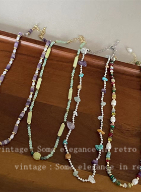 甜美彩色串珠珍珠花朵项链女高级感气质百搭不规则天然石锁骨链