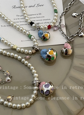 新款彩色恐龙吊坠珍珠项链女气质个性甜美高级感锁骨链钛钢手链潮