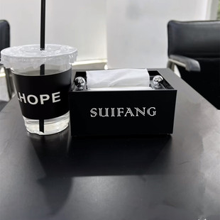 订制logo亚克力纸巾盒美容美发店酒店台球简约黑色白色桌面抽纸盒