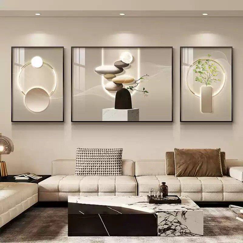 现代轻奢客厅装饰画三联画高级感石来运转沙发背景墙挂画大气墙画