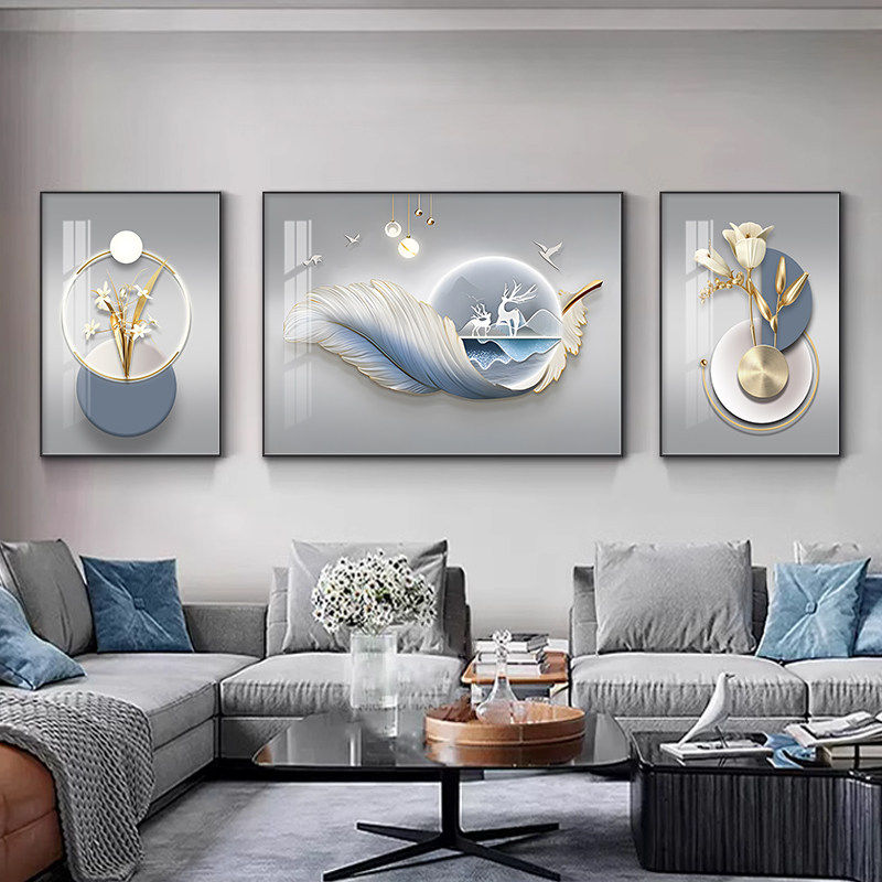 现代简约客厅装饰画高档沙发后上背景墙蓝色羽毛福鹿挂画三联壁画