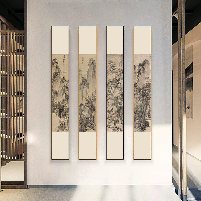 新中式玄关装饰画茶室背景墙书房壁画客厅挂画竖版式长条山水国画
