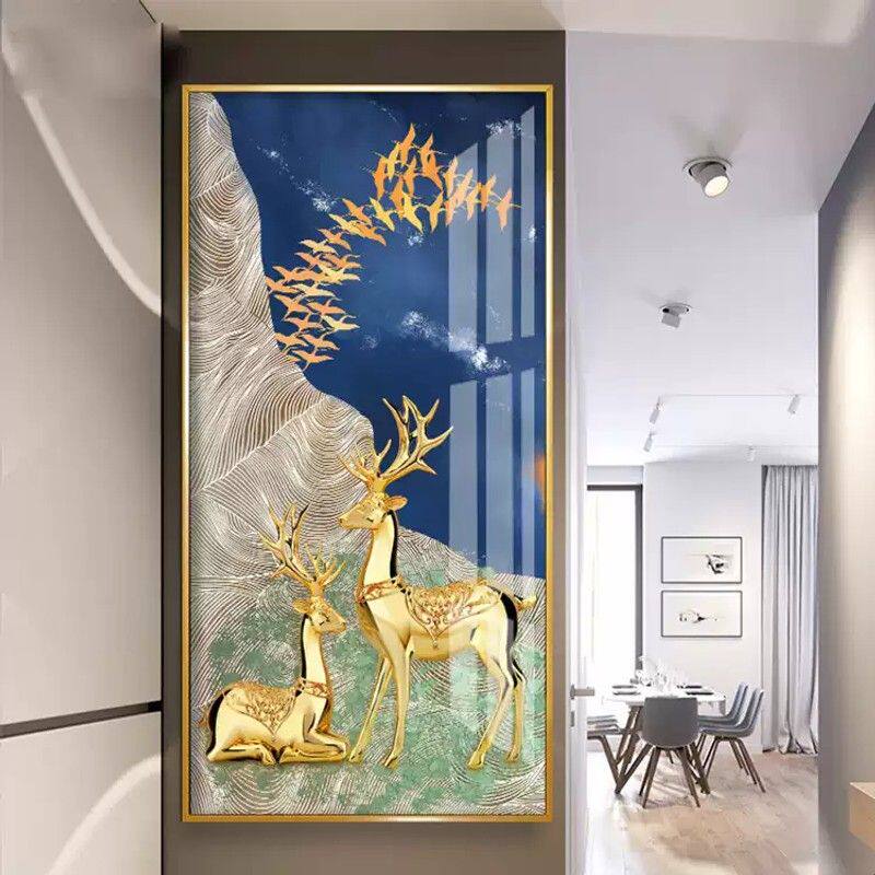 轻奢晶瓷画入户玄关北欧装饰画现代大气挂画走廊过道招财壁画竖版