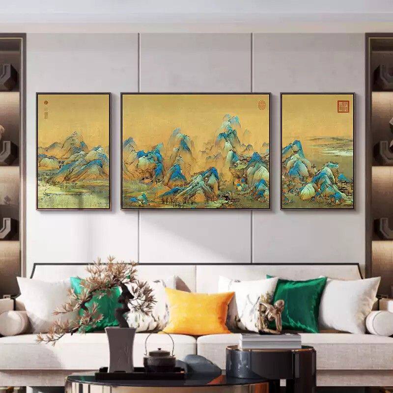 千里江山图新中式客厅装饰画山水画沙发背景墙挂画办公室壁画三联