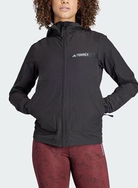 Adidas阿迪达斯TERREX户外运动风连帽拉链软壳夹克女黑色HZ4427