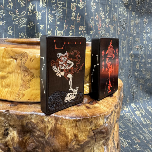 道家用品雷击枣木玉化料魁星踢斗镶原矿朱砂嵌银吊坠魁星挂件