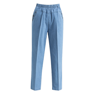 中老年牛仔裤女妈妈裤夏装薄款宽松高腰大码弹力深档九分裤奶奶裤