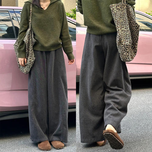 慵懒风深灰色毛呢休闲裤