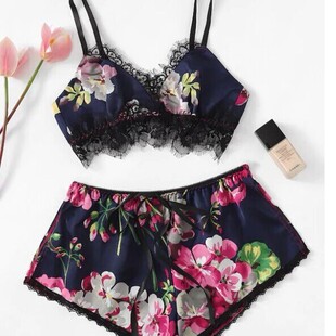 Sexy lace set文胸套装 printed shorts size plus lingerie bra