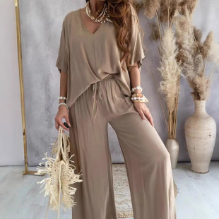 Pants 女 Sleeve 套装 阔腿裤 Set宽松上衣 Leg Wide Top Bat Women