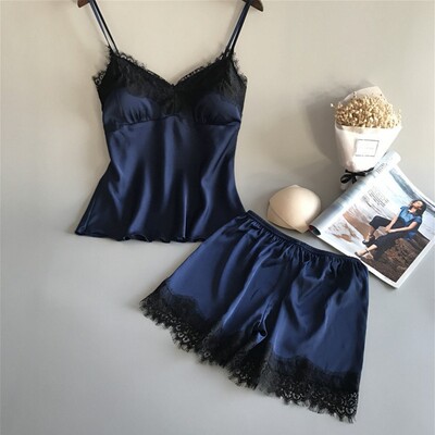 Sexy sleepwear silk camisole vest+shorts two-piece set睡衣女