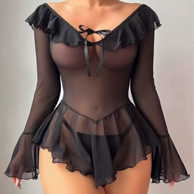 Women's lace mesh transparent nightgown女蕾丝网纱透明睡裙