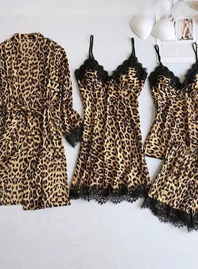 Black leopard print home suit lace pajamas set女豹纹睡衣睡袍