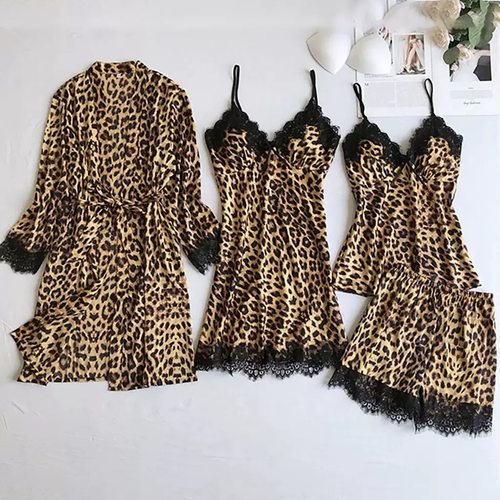 Black leopard print home suit lace pajamas set女豹纹睡衣睡袍