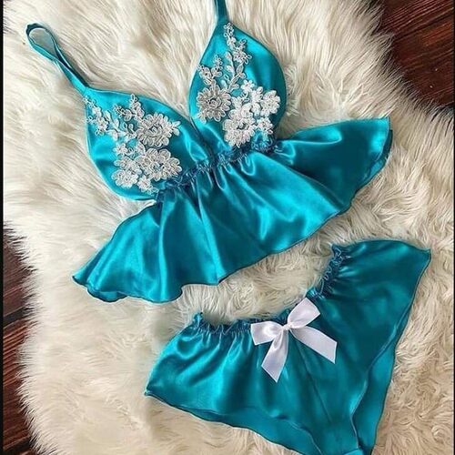 Ladies, imitation silk, suspender lace two-piece pajamas