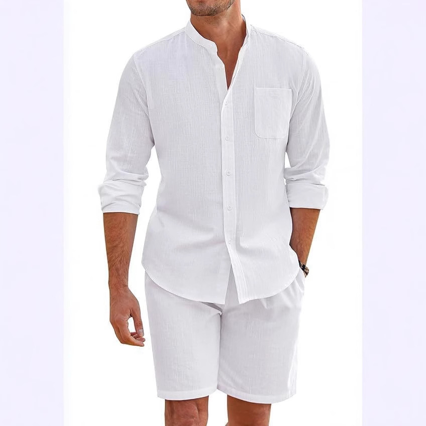 Men's long sleeved shirt+shorts beach 2-piece set男衬衫+短裤