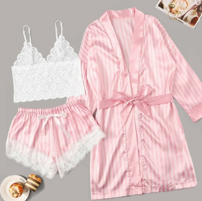 Sexy pajamas elastic striped jacket lace three piece set睡衣
