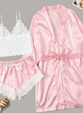 Sexy pajamas elastic striped jacket lace three piece set睡衣