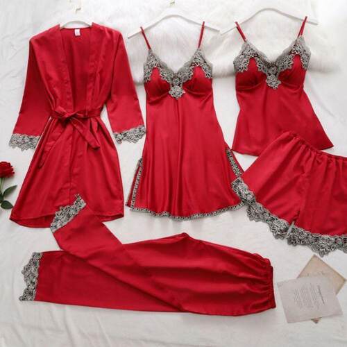 Sexy lingerie, silk camisole, pajamas, bathrobe 5-piece set