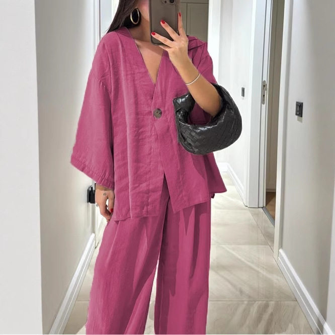 Women loose V-neck top+wide leg pants set女上衣和阔腿裤套装