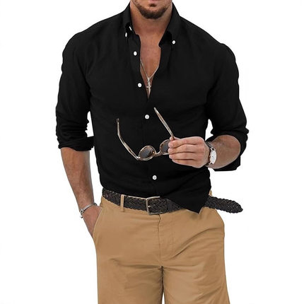 5XL men cotton linen long sleeved button up shirt男棉麻衬衫