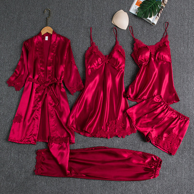 Pajama women ice silk sexy plus size bathrobe five piece set