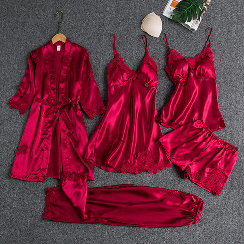 Pajama women ice silk sexy plus size bathrobe five piece set