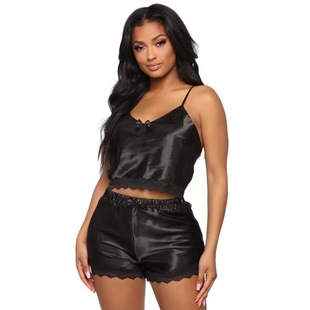 Sexy sleepwear silk camisole vest+shorts two-piece set睡衣女