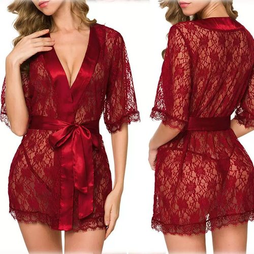 Sexy lingerie women lace hollow out nightgown set女睡袍套装