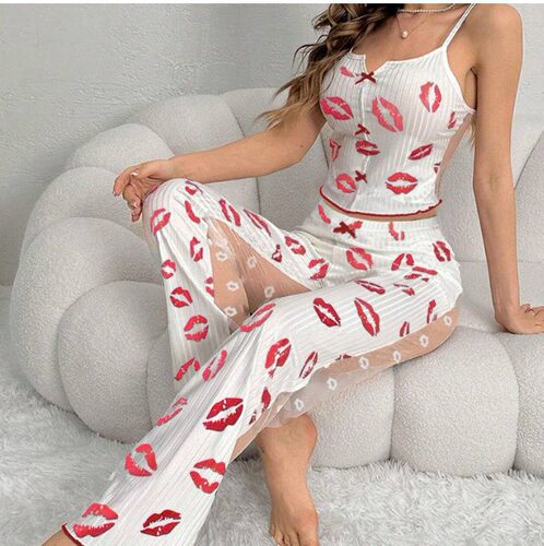 Sexy mesh patchwork pajamas 2-piece set for women home wear