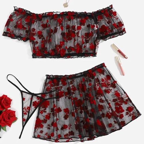 Sexy lingerie lace top, short skirt, underwear 3-piece set