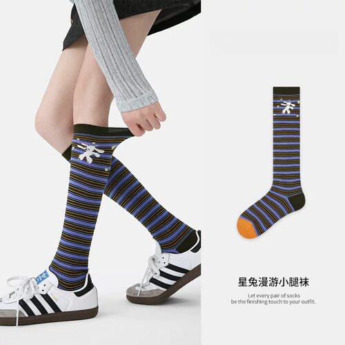 贞美家秋季新款条纹星兔小腿袜女