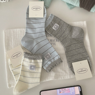 贞美家原创布标熊猫袜子女日系条纹中筒袜ins潮泡泡口堆堆袜