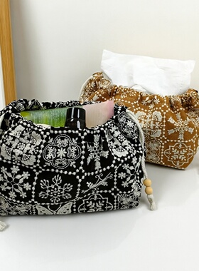 手作棉麻化妆包纸巾盒纸巾套法式中古风车载抽纸收纳抽绳收纳袋