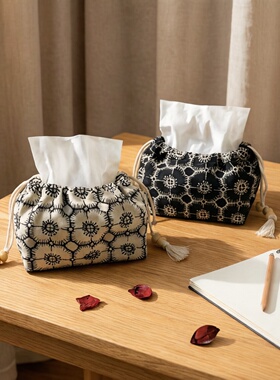 手作纸巾盒纸巾套棉麻化妆包法式中古风车载抽纸收纳抽绳收纳袋
