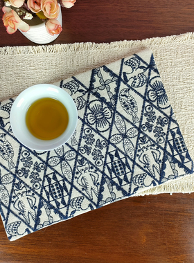 手作刺绣几何图案棉麻茶席流苏边隔热垫餐桌垫高级感可水洗茶道垫