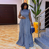 欧美印花打揽木耳边无袖 拼接连衣裙3XL夏季 圆领波西米亚蓝色长裙