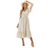 欧美女装 纯色连衣裙跨境外贸休闲纯色A字中长裙 V领荷叶袖 夏季 新款