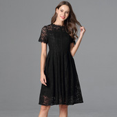 女装 小黑裙夏季 新款 200斤大码 甜美淑女收腰显瘦短袖 蕾丝A字连衣裙