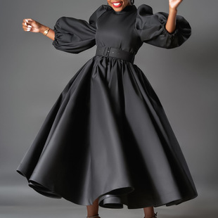 跨境大码女装欧美宽松时尚纯色泡泡袖大摆连衣裙3XL九分袖中长裙