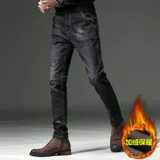 Демисезонные модные джинсы, трендовые черные утепленные штаны, свободный прямой крой