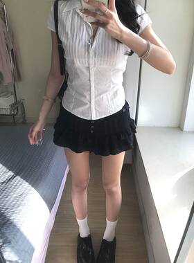 【首尔晚晴】小个子韩系古着感春装白色衬衫+荷叶边短裙两件套女