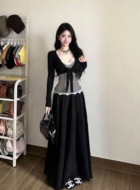 微醺少女 百搭绑带辣妹纯欲绑带开衫+蕾丝拼接内搭+长裙三件套女