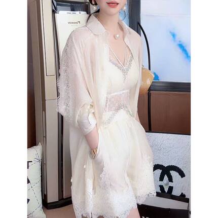 韩系重工烫钻一整套女2026春夏新款蕾丝拼接防晒衬衫短裤休闲套装