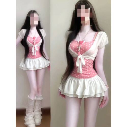 ZK草莓牛奶 古早vintage少女芭蕾风氛围感开衫波点吊带半裙套装女