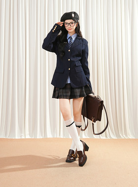 ZK学院风收腰西装套装冬季小个子加厚jk制服外套+a字百褶裙两件套