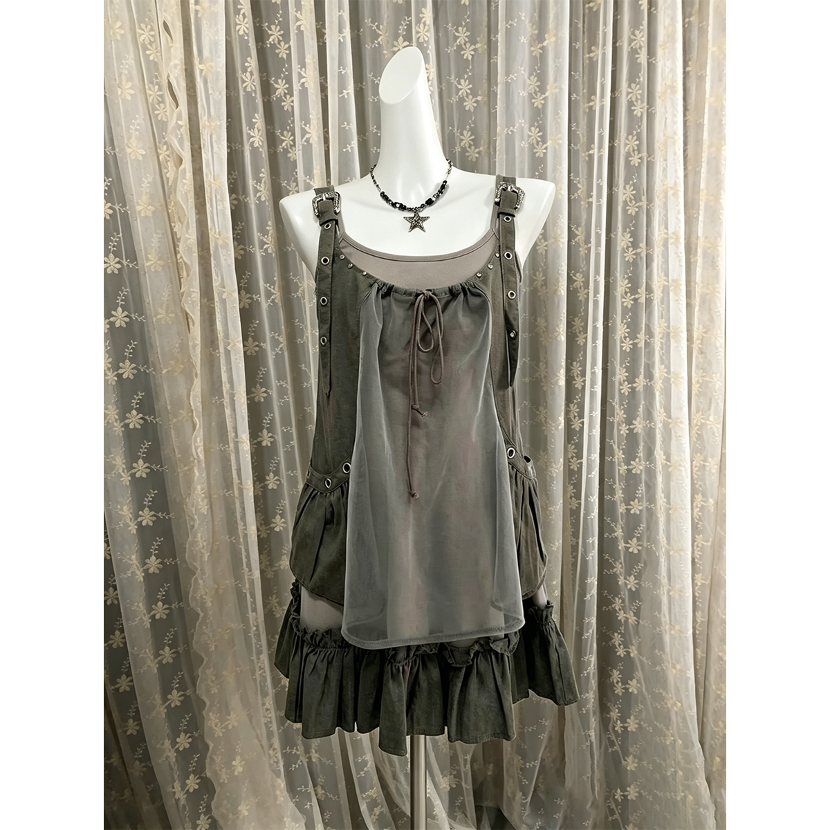 古早感vintage设计小众网纱拼接背带连衣裙+内搭吊带两件套女夏季