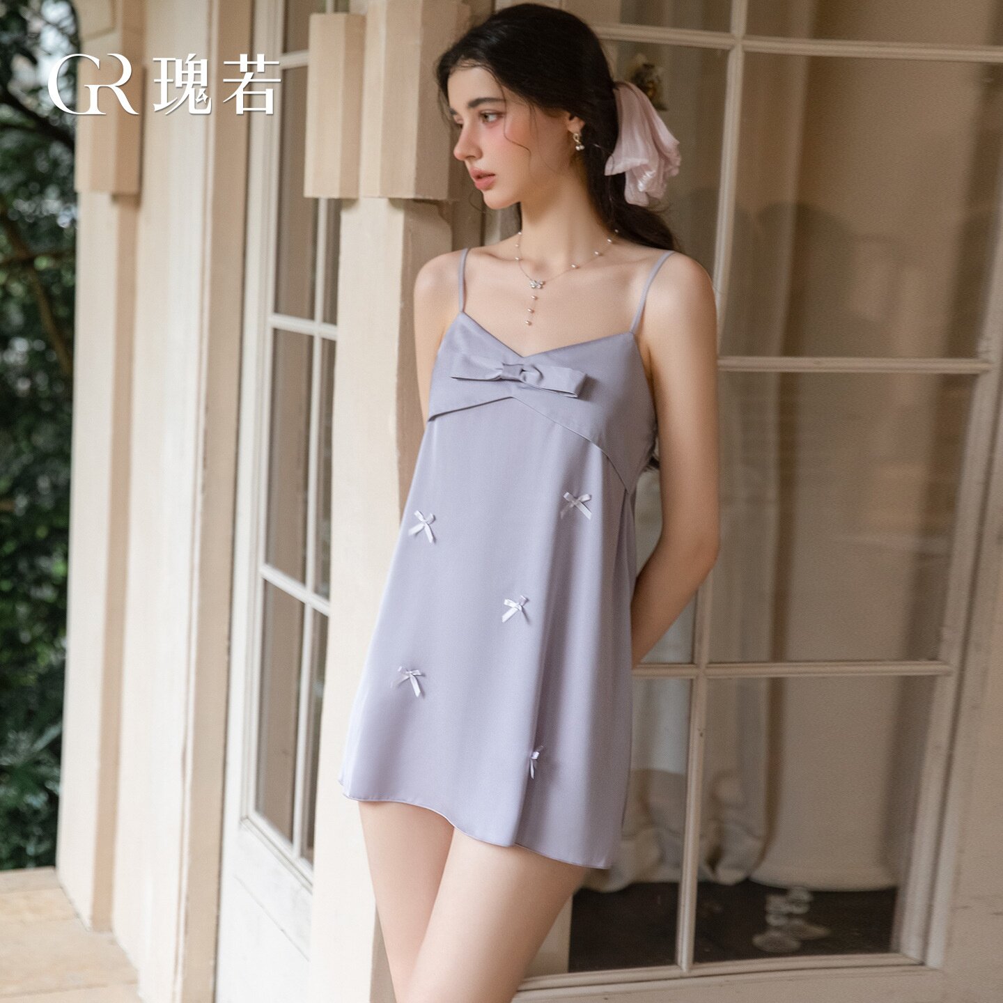 家居服纯棉内衣瑰若纯欲甜美立体蝴蝶结点缀感露背吊带睡裙外袍图片