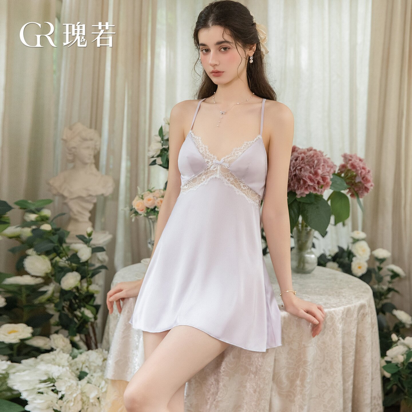 家居服瑰若丝滑缎面蕾丝带胸垫蕾丝收腰露背吊带睡裙外袍家居服图片