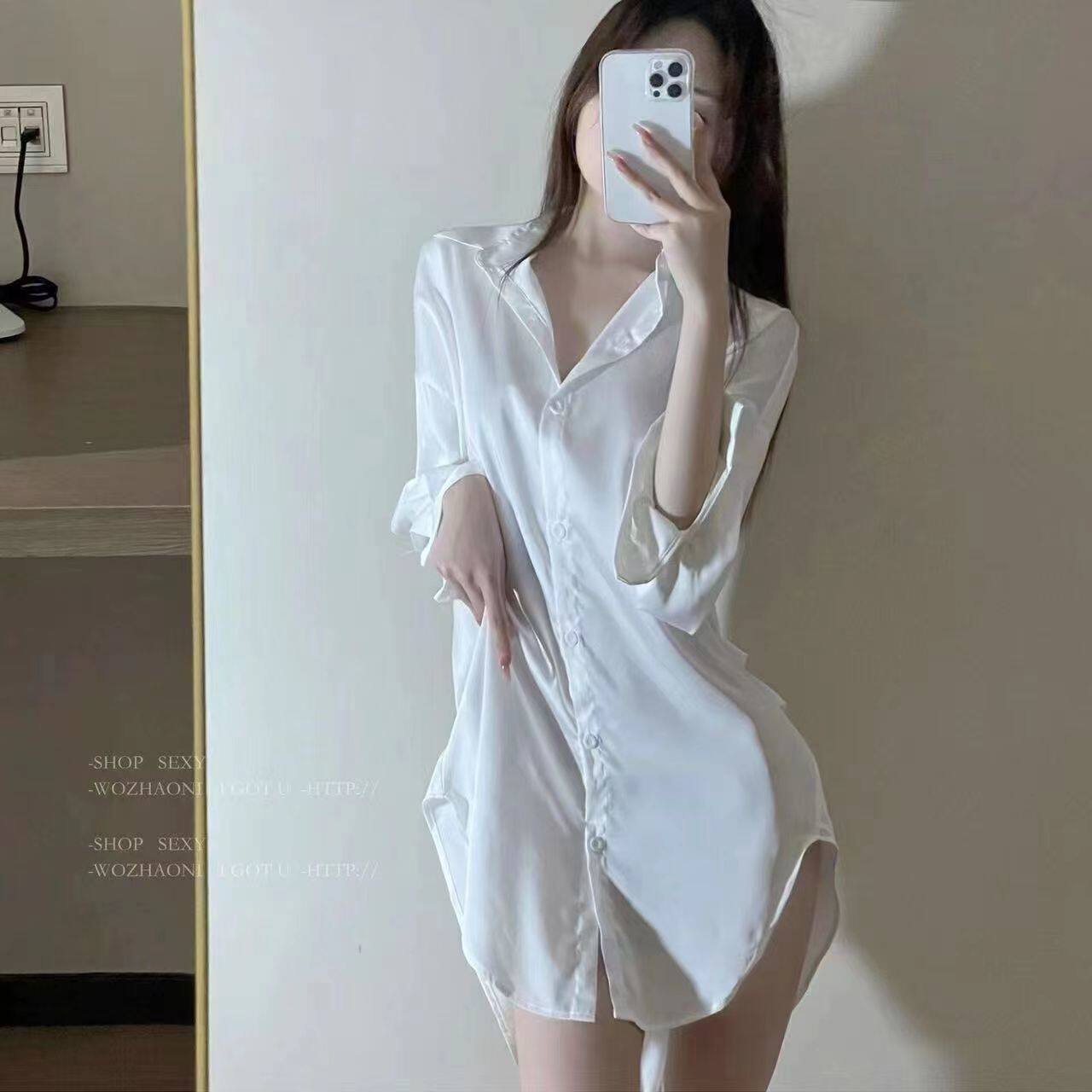 家居服男友风缎面衬衫长款清纯ins睡衣网红同款纯欲睡裙薄款居家